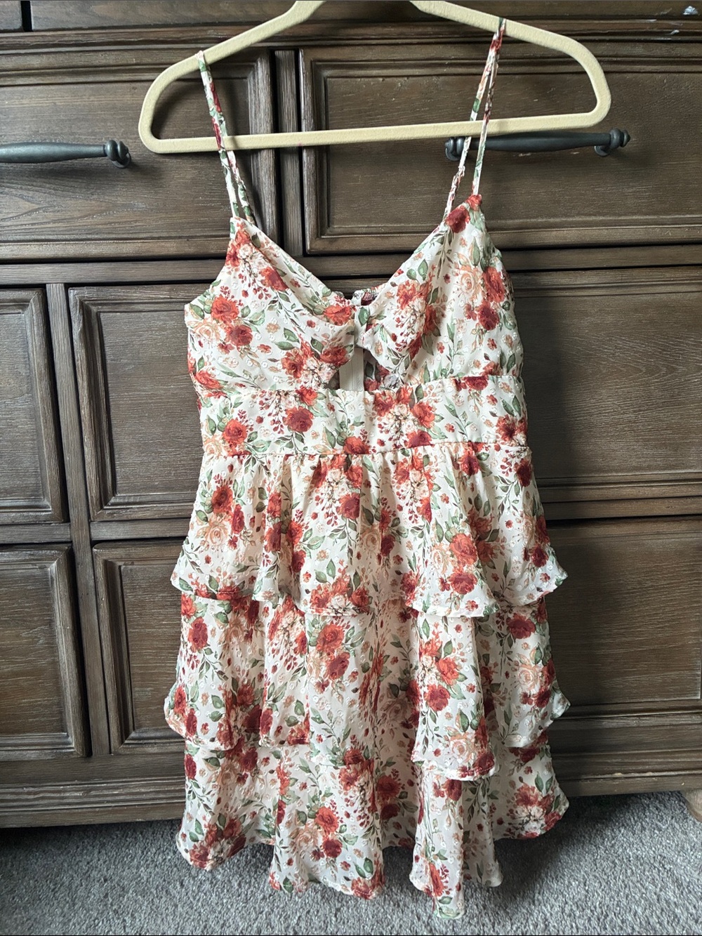 Trixxi Cream Dress with Red Floral Tiered Spaghetti Straps